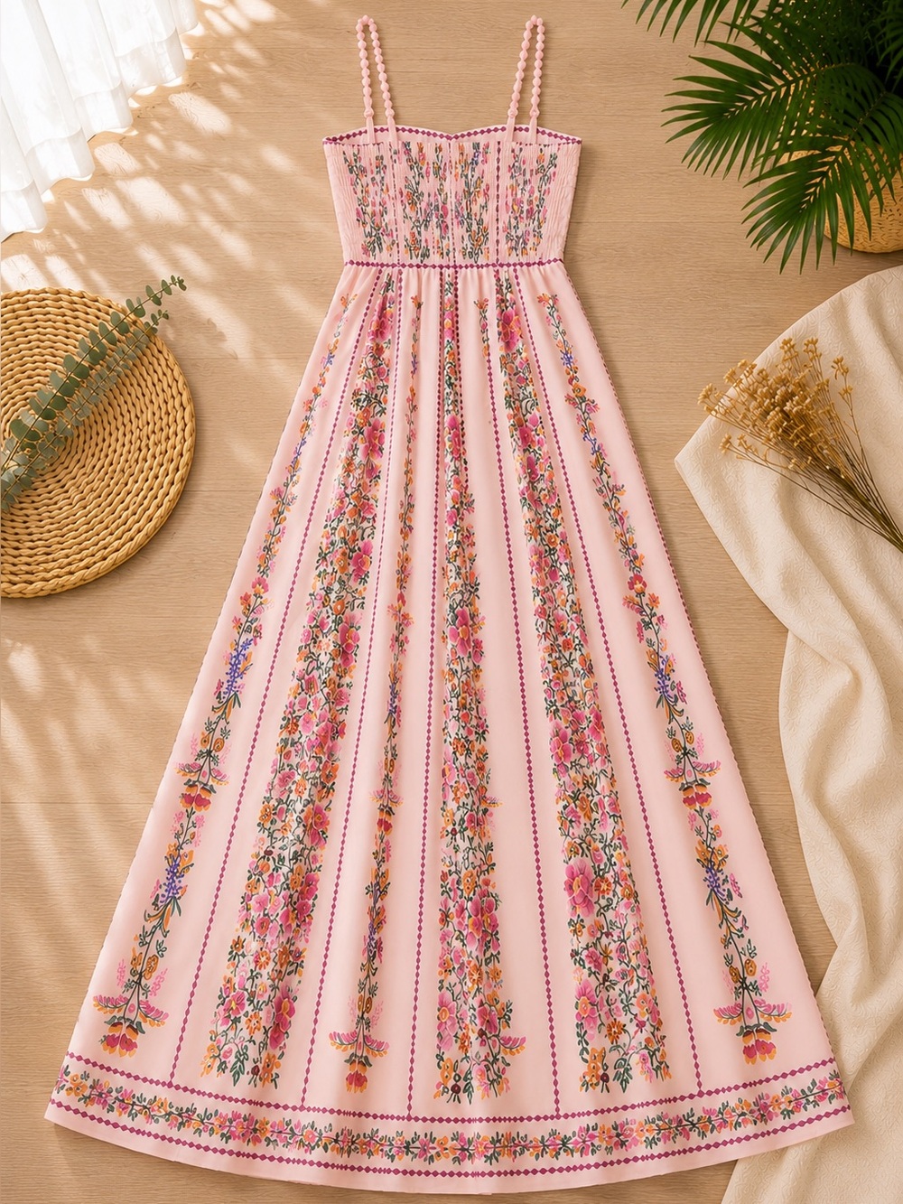 Boho Pink Floral Maxi Dress with Spaghetti Straps